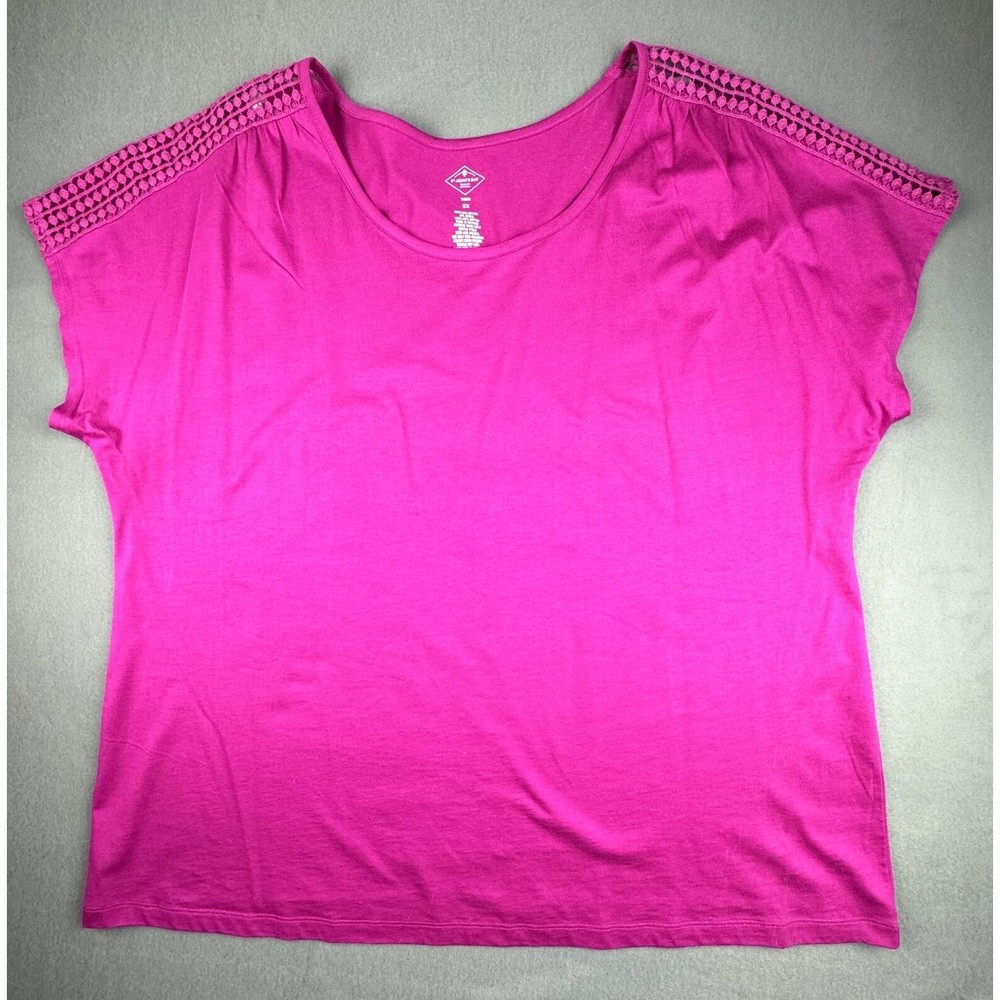St Johns Bay Womens Blouse Short Sleeve Shoulder Crochet Fucsia-Pink Size 2X